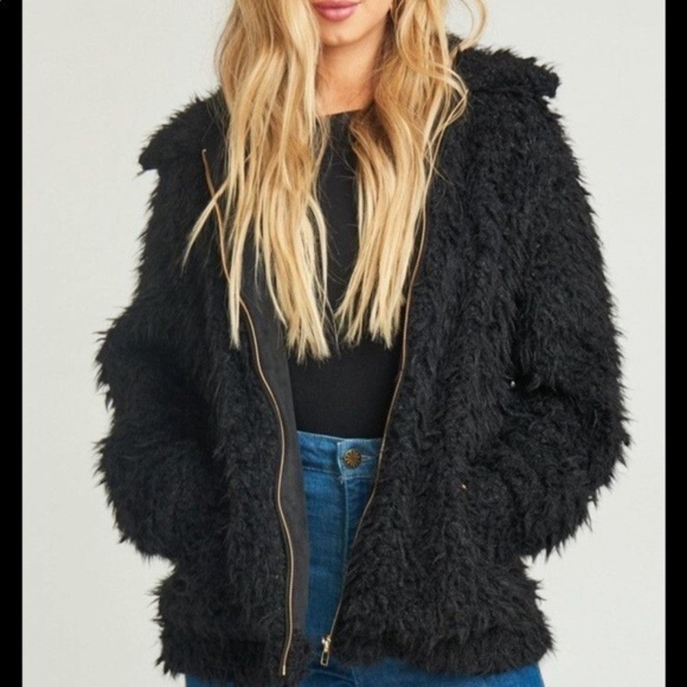 Show Me‎ Your Mumu Sheldon Bomber Faux Fur fluffy Jacket in Raven black XS